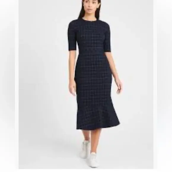Banana Republic Navy Plaid Midi Dress with Flounce Hem - Picture 9 of 11